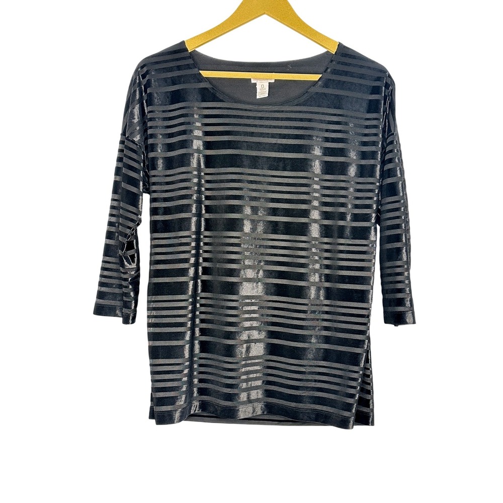 Chico's Top Women 0 Black Striped Velvet‎ Burnout 3/4 Sleeve Boat Neck